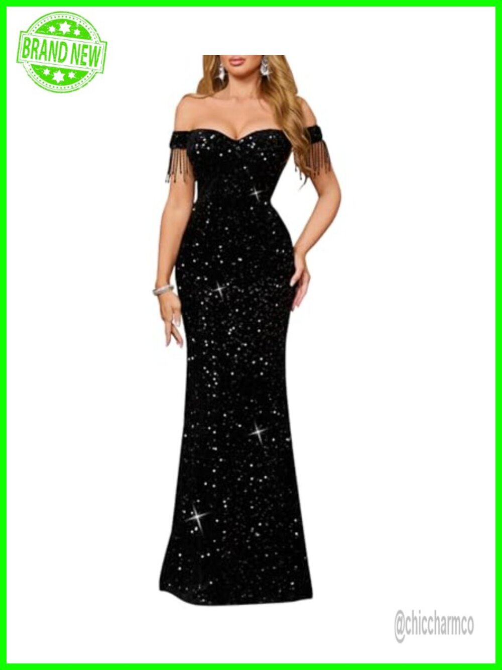 Off Shoulder Sequin Formal Maxi Dress Tassel Sleeve
